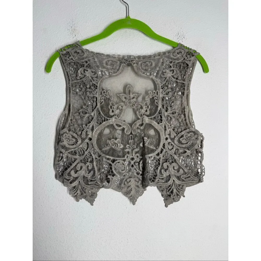 NILE Lace Crochet Vest Gray Boho Sheer Embroidered Tie Front Sz S Made in Italy